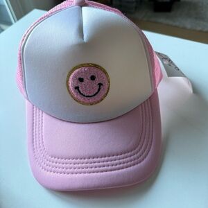 NWT Pink and White Smiley Face Trucker Hat